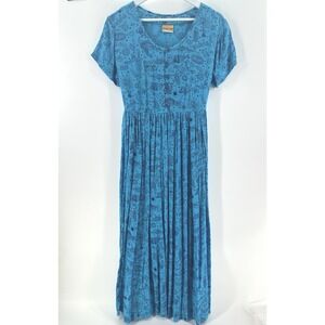 VTG 90s Ken Done Down Under Blue Maxi Dress Sz S Fish Beach Art To Wear AB31